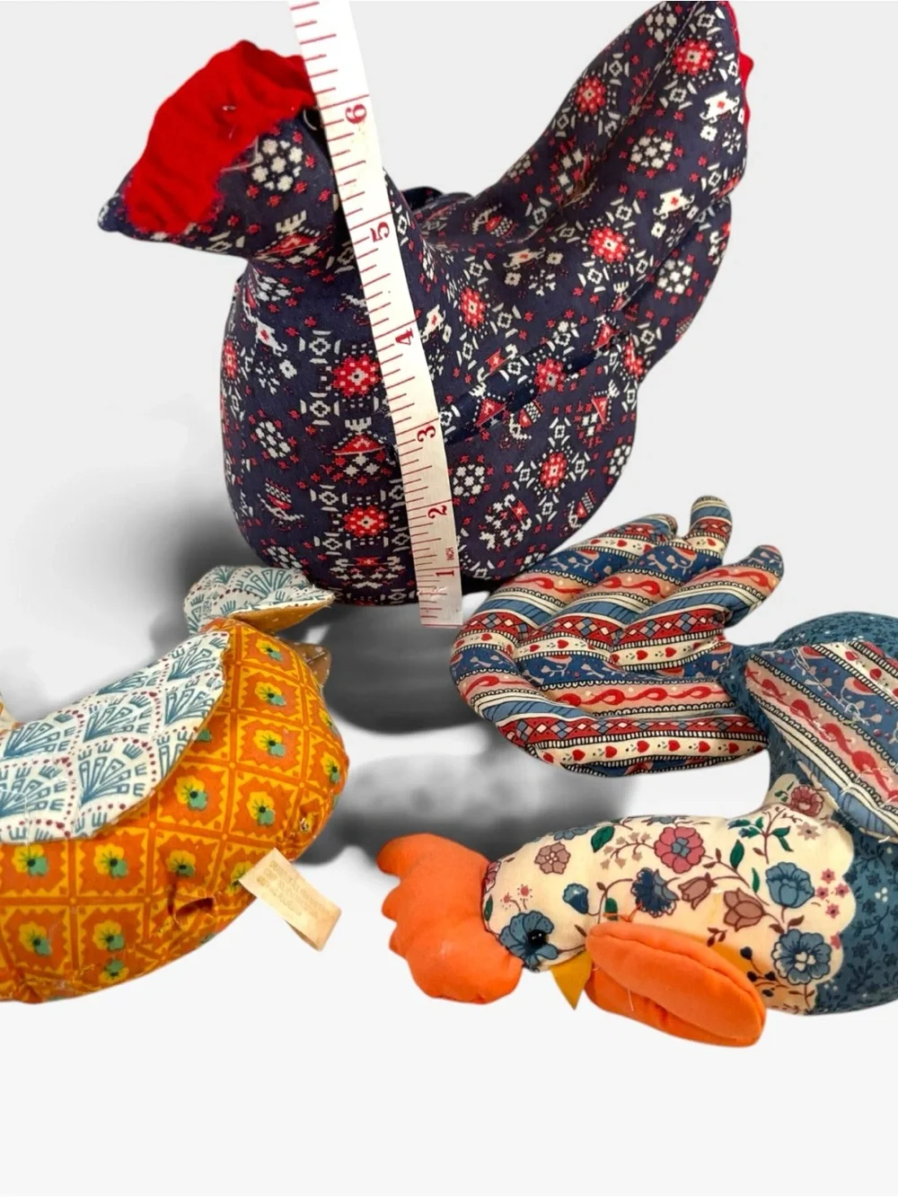 Vintage Quilted Fabric Chicken Rooster Family Set Of 3 Hen Pockets Farmhouse